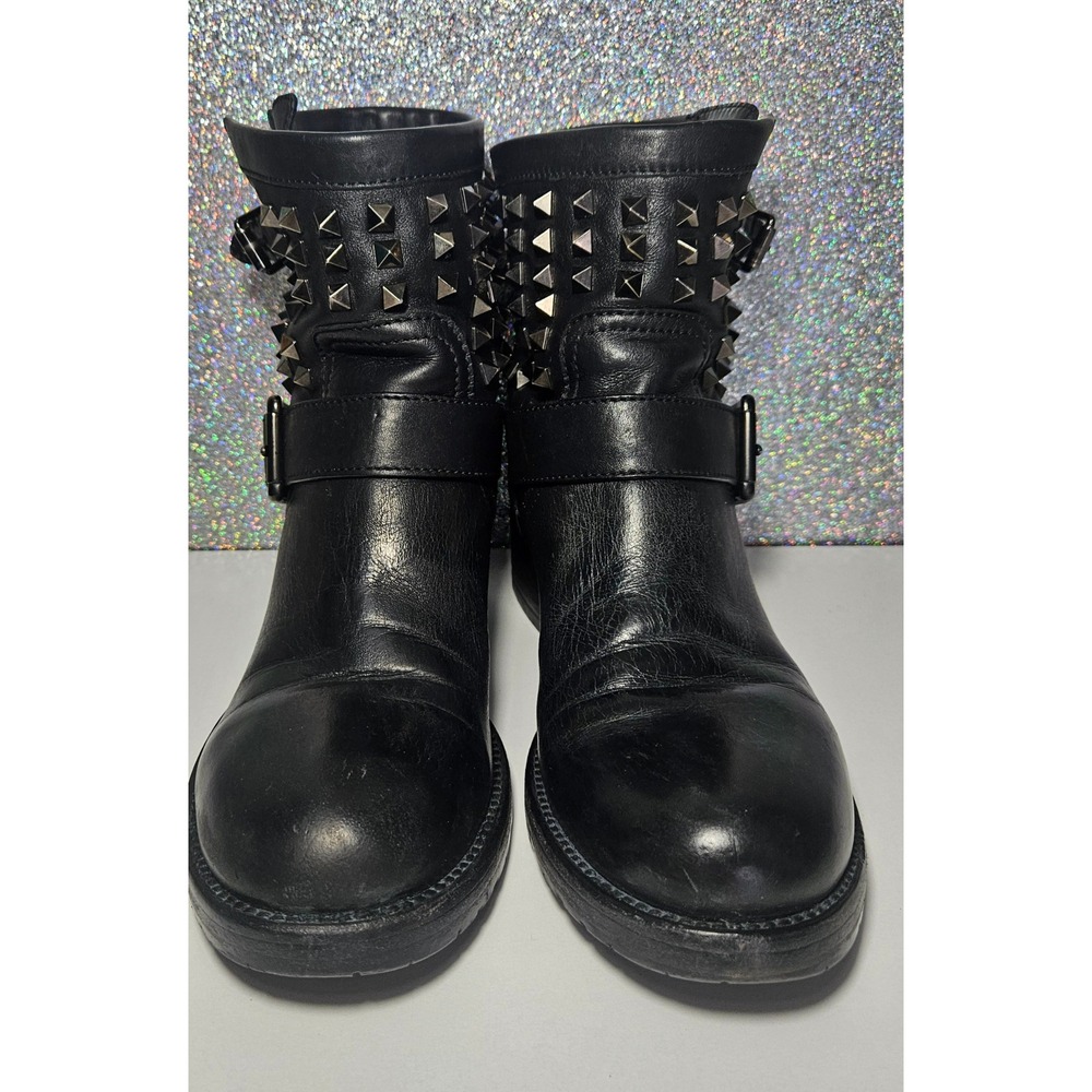 Valentino Rockstud Noir Black Leather Studded Moto Ankle Boots‎ Booties 37.5 / 7 - Picture 3 of 7